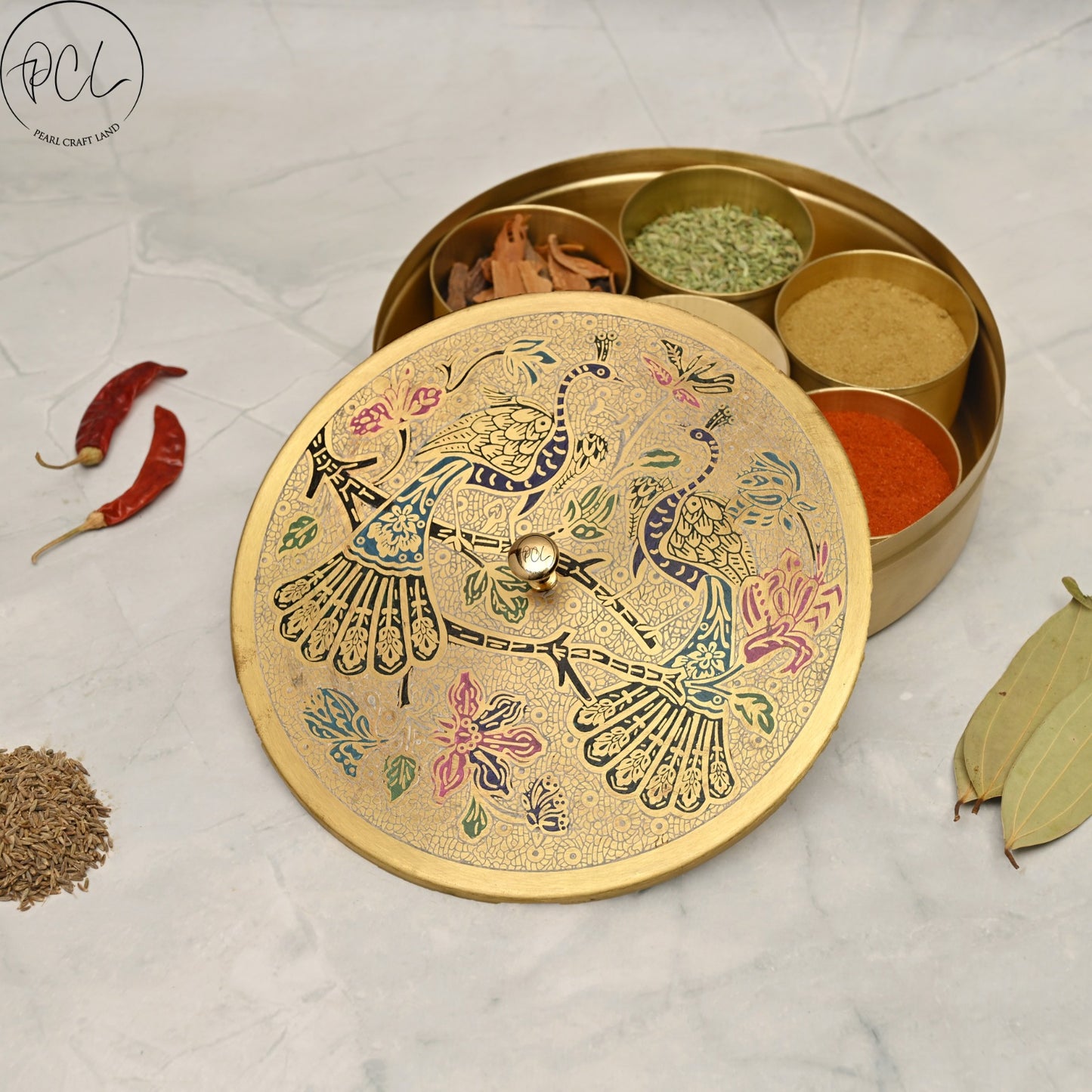 Handcrafted Brass Masala Box Peacock Design Set for Kitchen with Spoon (7 Container)