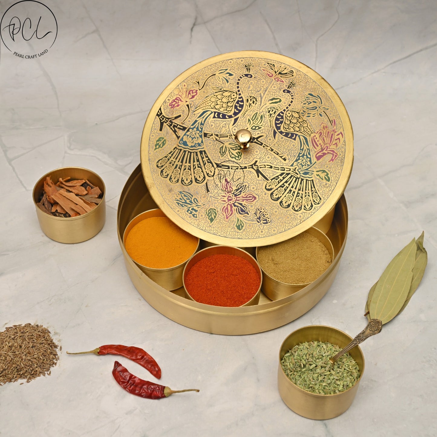 Handcrafted Brass Masala Box Peacock Design Set for Kitchen with Spoon (7 Container)