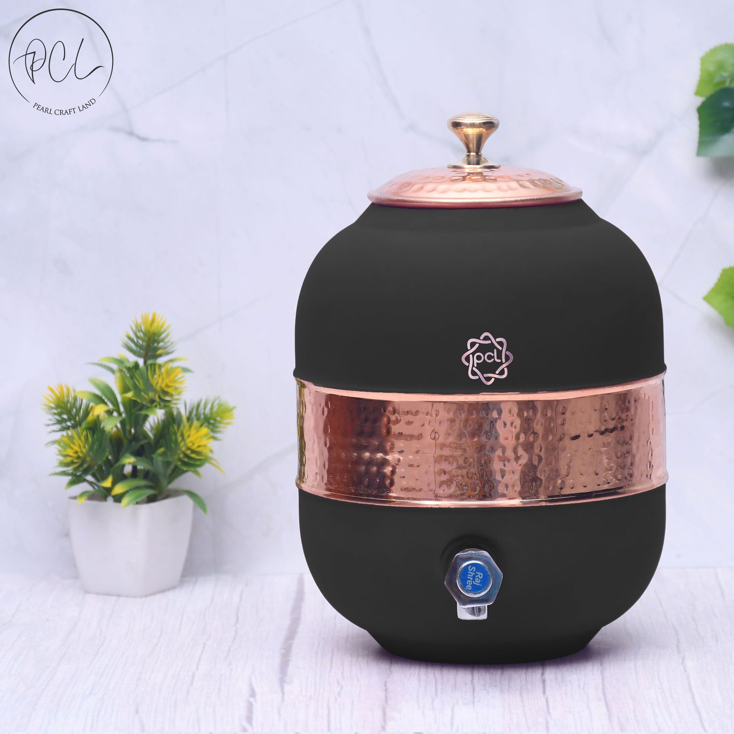 Pure Coppe Silk Black Half Hammered Water Dispenser (Matka) Capacity 5000ML