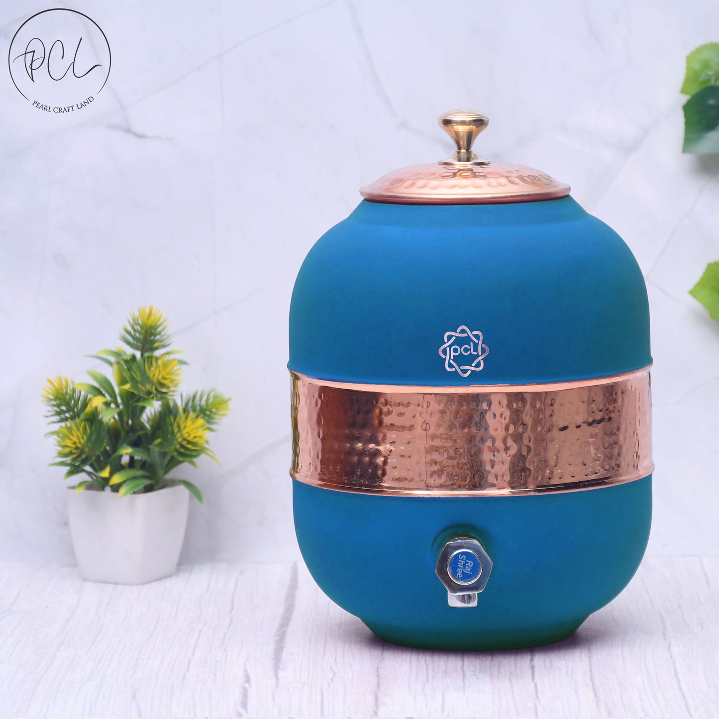 Pure Copper Silk Blue Half Hammered Water Dispenser (Matka) Capacity 5000ML