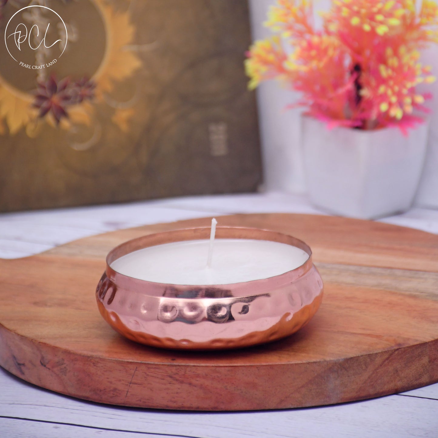 Copper Finish Hammered Votive with Soy Wax Candle French Vanilla (Small)