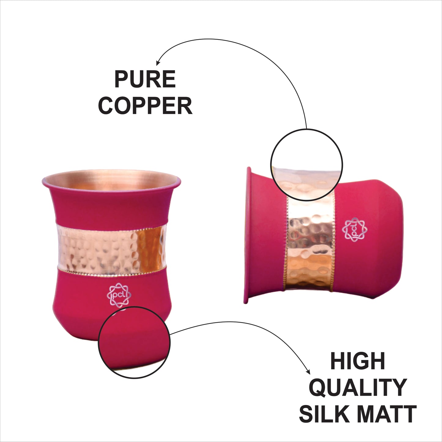 Pure Copper Water Bottle Silk Red Cherry Half Hammered with 2 Dholak Glasses ( Set of 3 ) Capacity 1450 ML