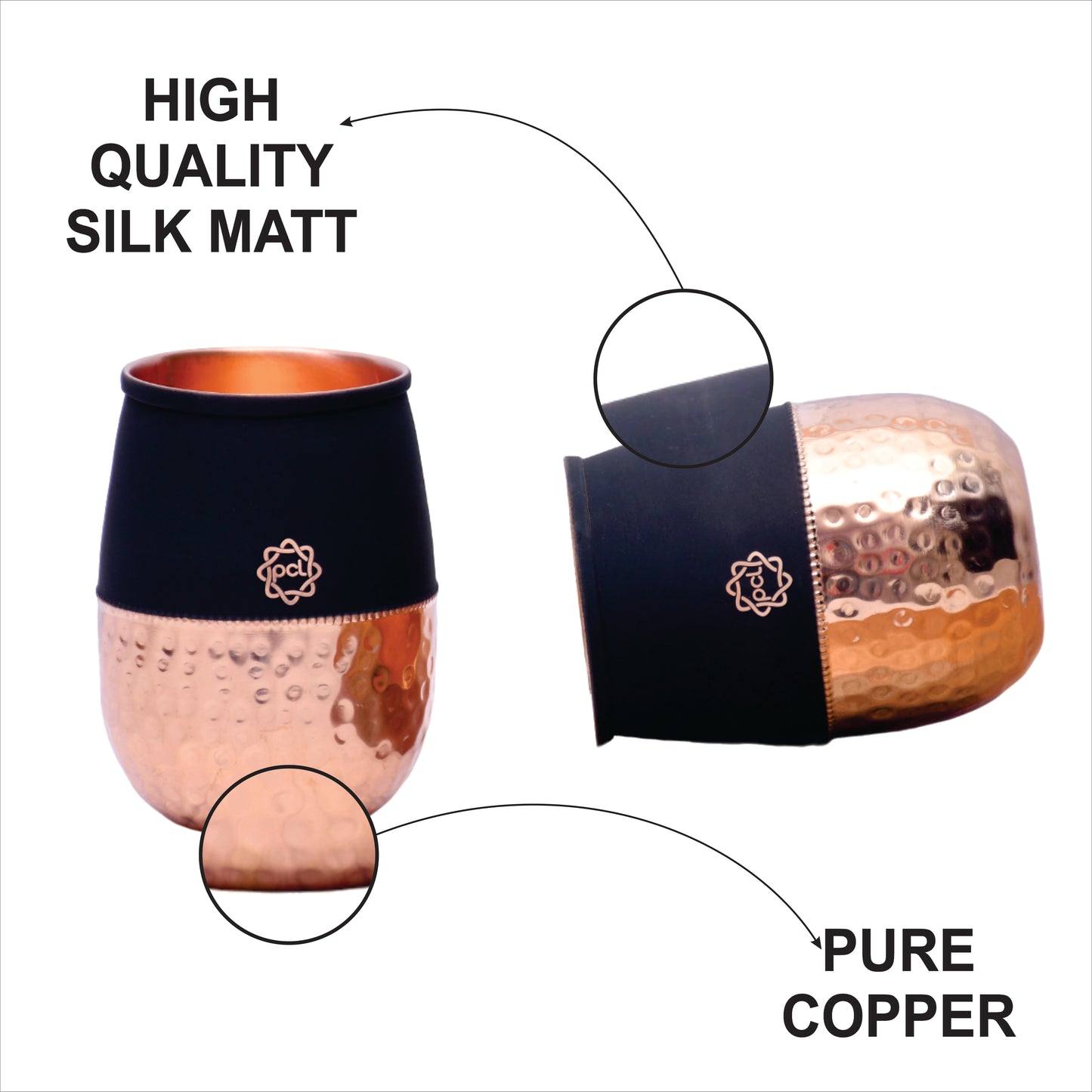 Pure Copper Water Glass Set of 2 Silk Black Half Hammered Dholak Tumbler Capacity 250ML