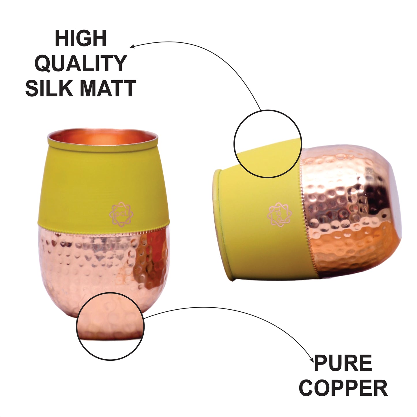 Pure Copper Water Glass Set of 2 Silk Yellow Half Hammered Dholak Tumbler Capacity 250ML