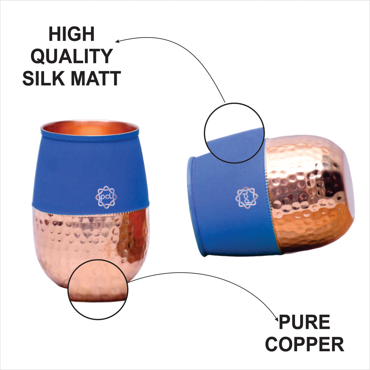 Pure Copper Water Glass Set of 2 Silk Blue Half Hammered Dholak Tumbler Capacity 250ML