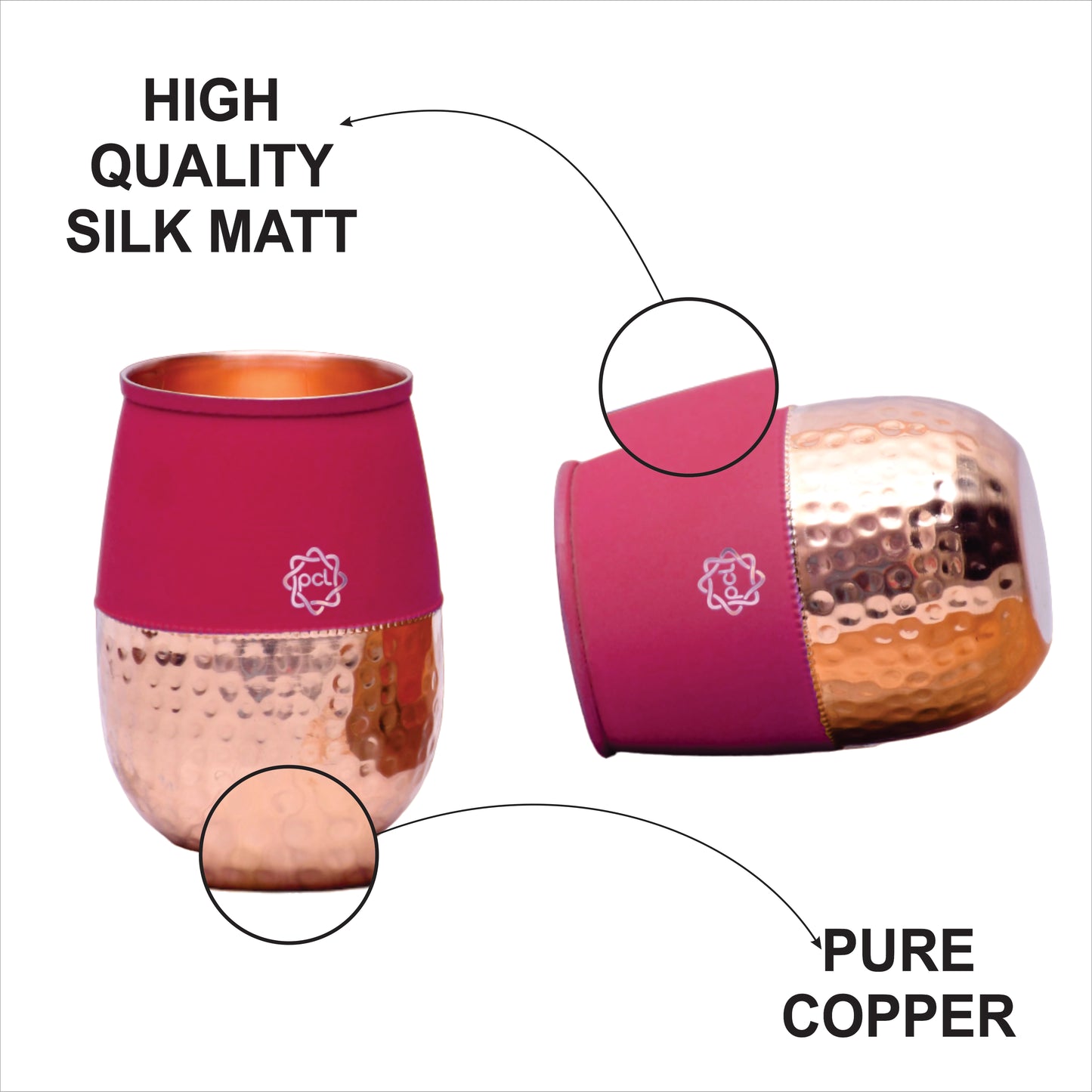 Pure Copper Water Glass Set of 2 Silk Red Cherry Half Hammered Dholak Tumbler Capacity 250ML