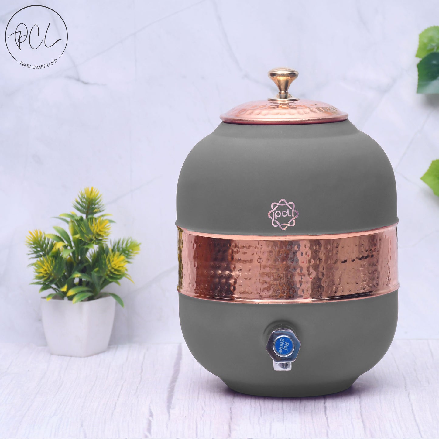 Pure Copper Silk Grey Half Hammered Water Dispenser (Matka) Capacity 5000ML