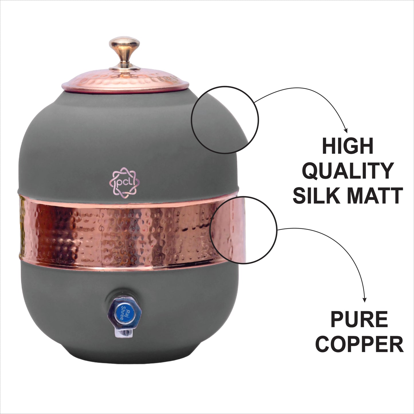 Pure Copper Silk Grey Half Hammered Water Dispenser (Matka) Capacity 8000ML