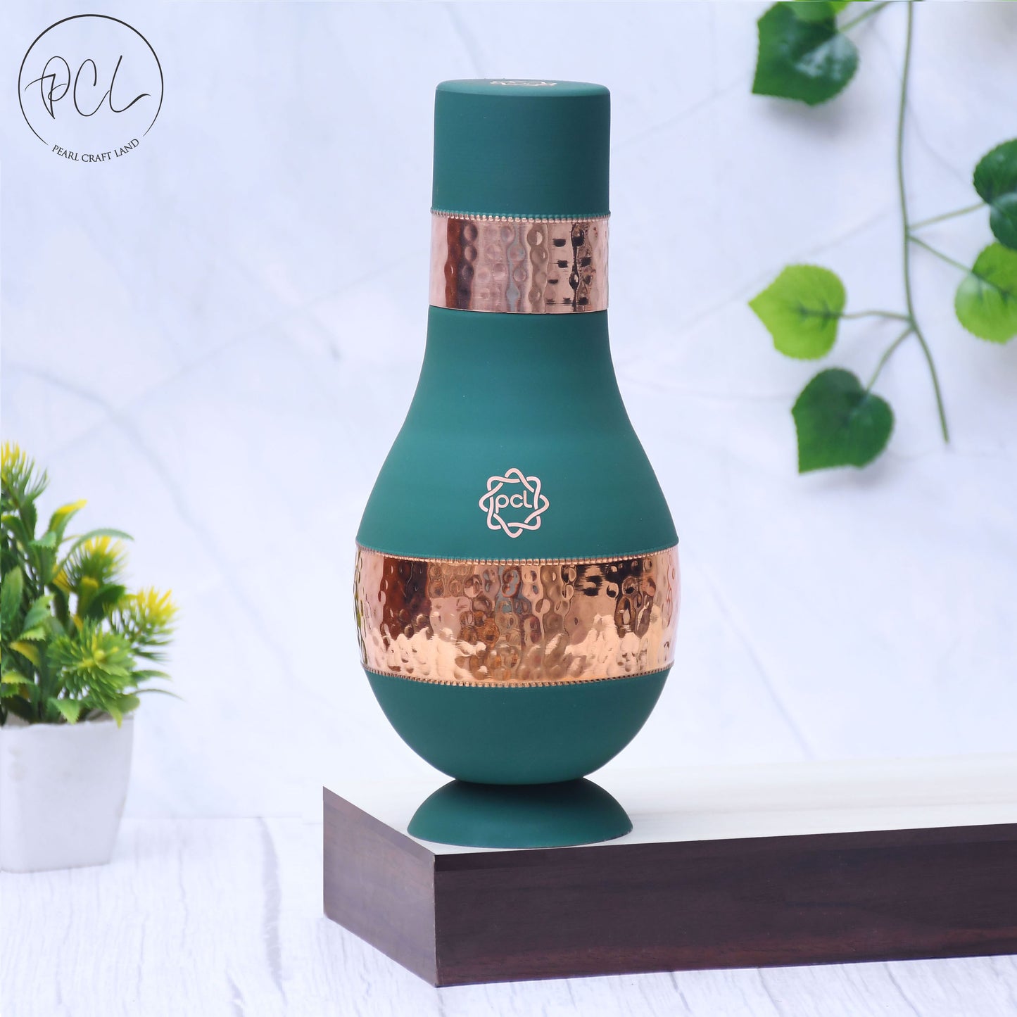 Pure Copper Silk Green Modern Surahi with Inbuilt Glass Capacity 1000 ML