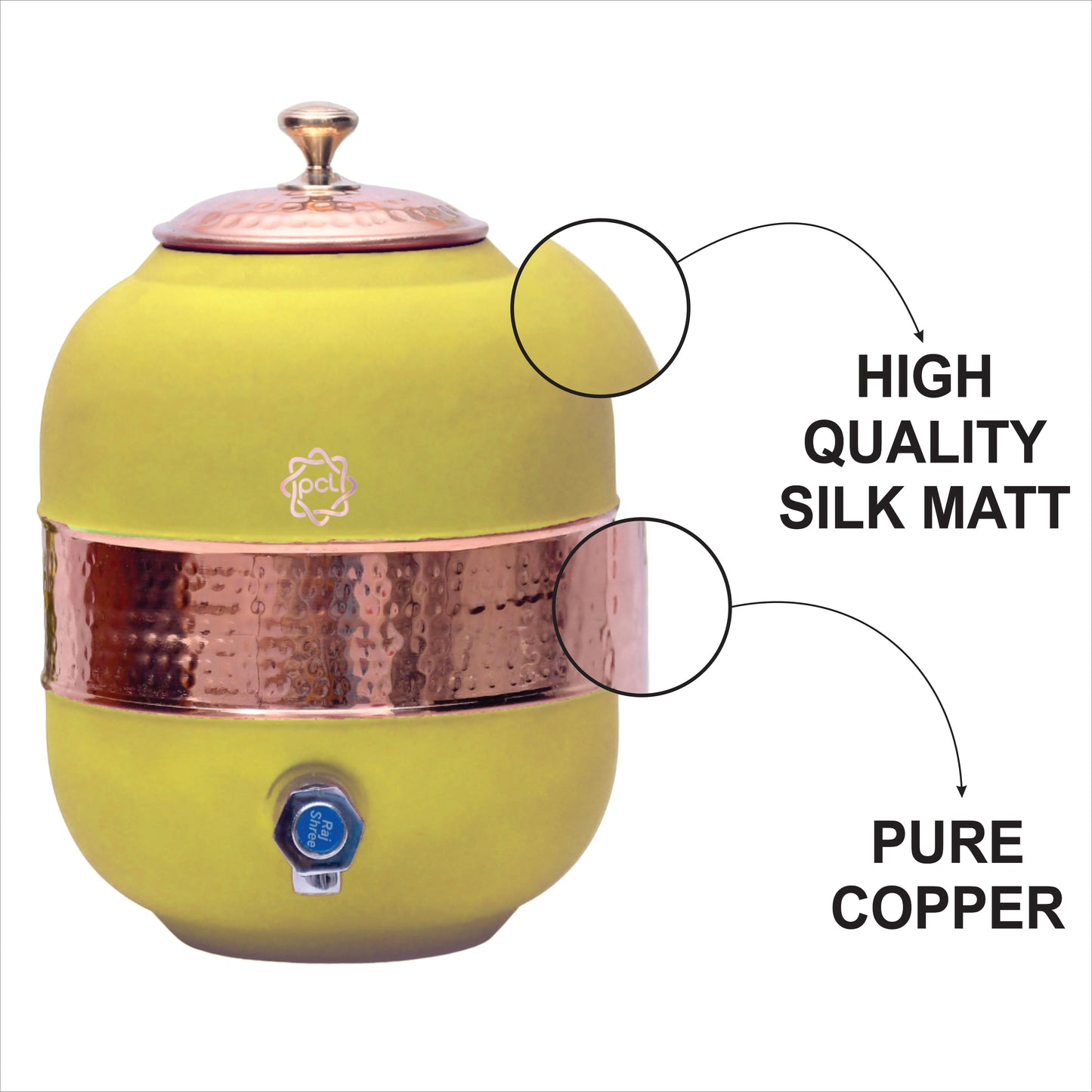 Pure Copper Silk Yellow Half Hammered Water Dispenser (Matka) Capacity 5000ML