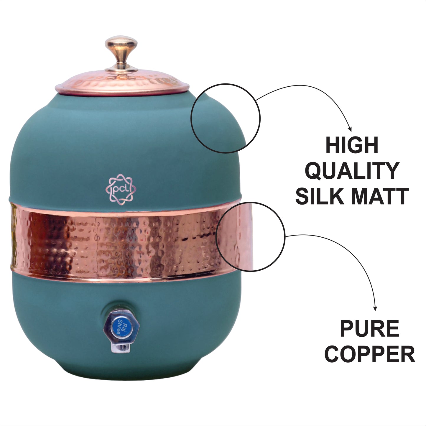 Pure Copper Silk Green Half Hammered Water Dispenser (Matka) Capacity 5000ML