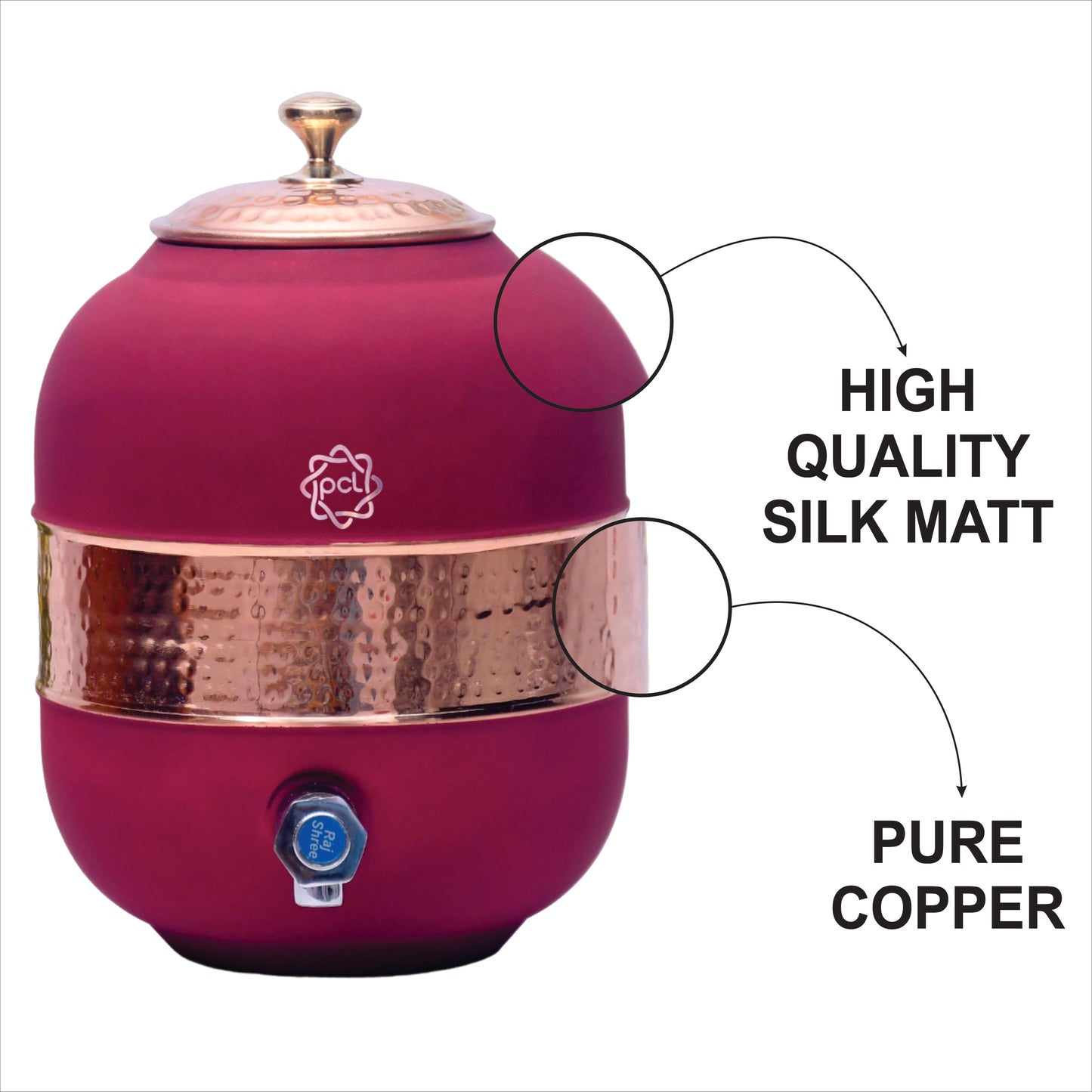 Pure Copper Silk Red Cherry Half Hammered Water Dispenser (Matka) Capacity 8000ML