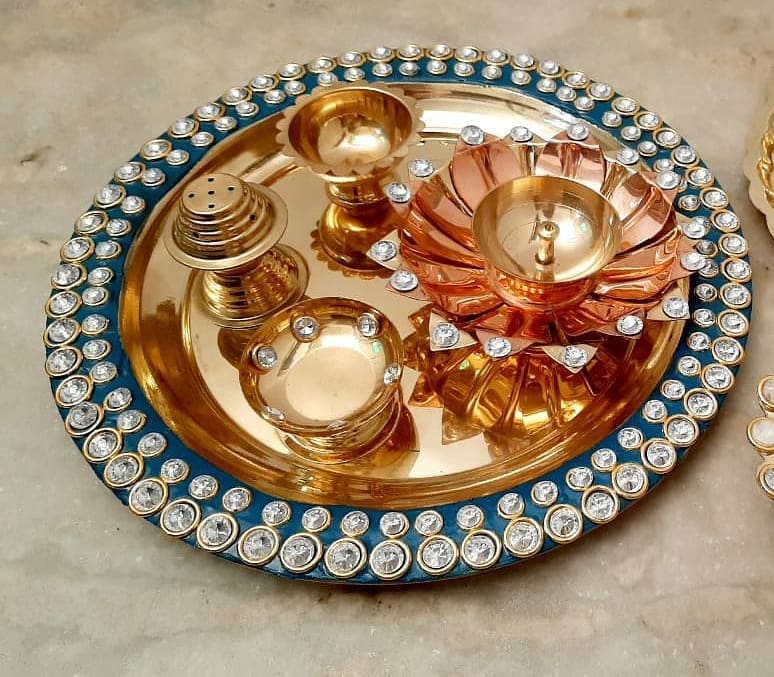 Exclusive Blue Meenakari Crystal Pooja Thali Set of 5