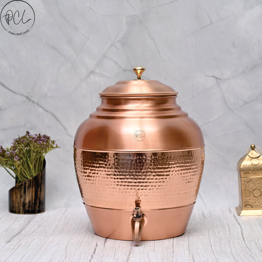 Pure Copper Water Dispenser Round Half Hammered Designed Matka