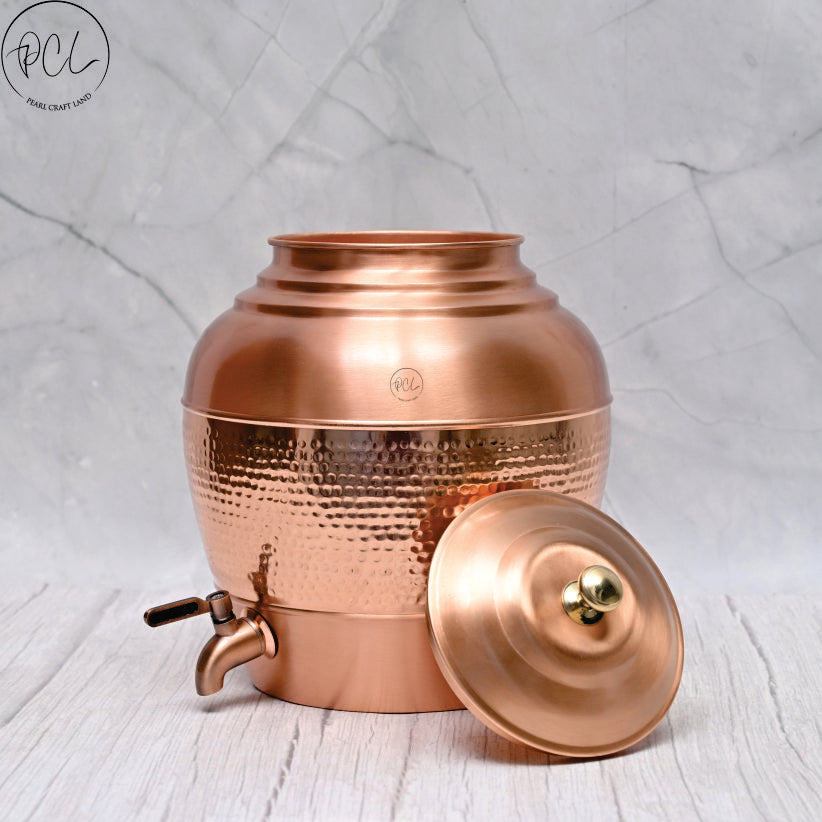 Pure Copper Water Dispenser Round Half Hammered Designed Matka