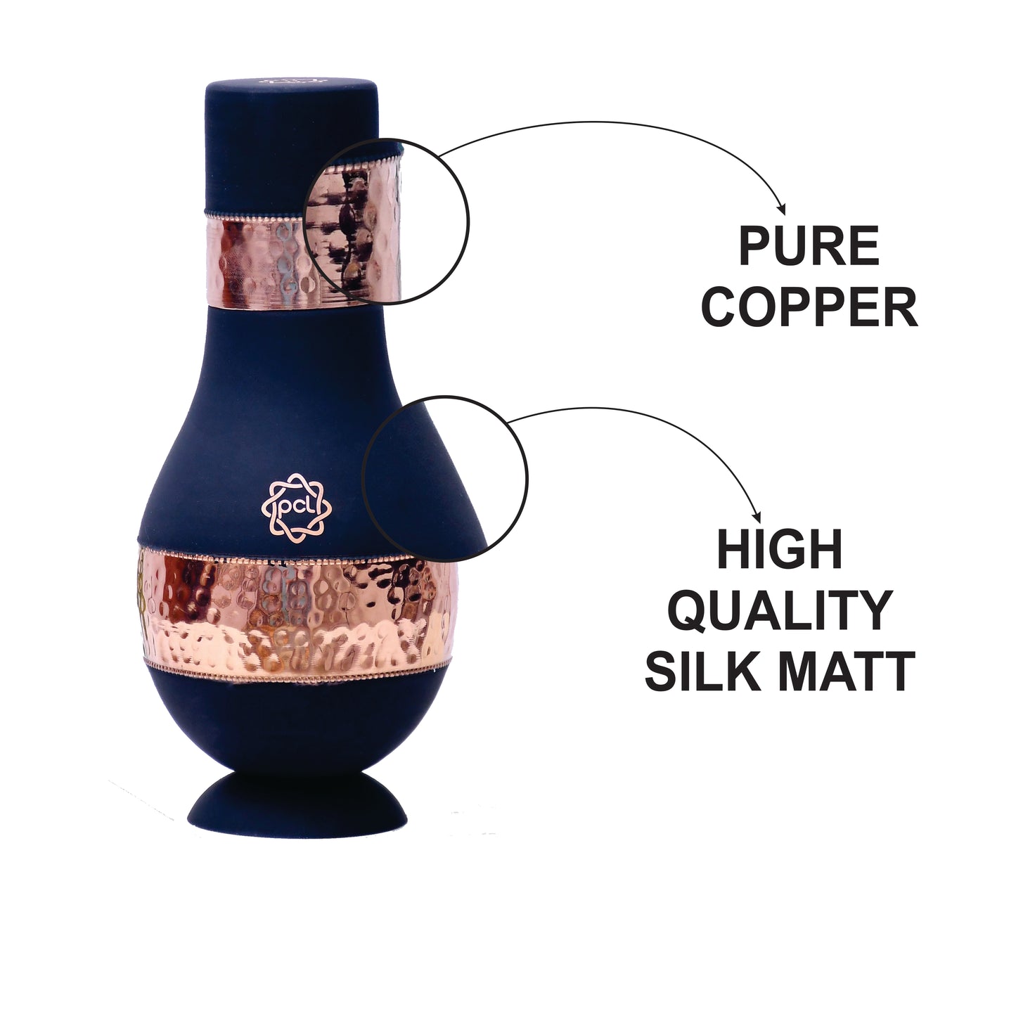 Pure Copper Silk Black Modern Surahi with Inbuilt Glass Capacity 1000 ML