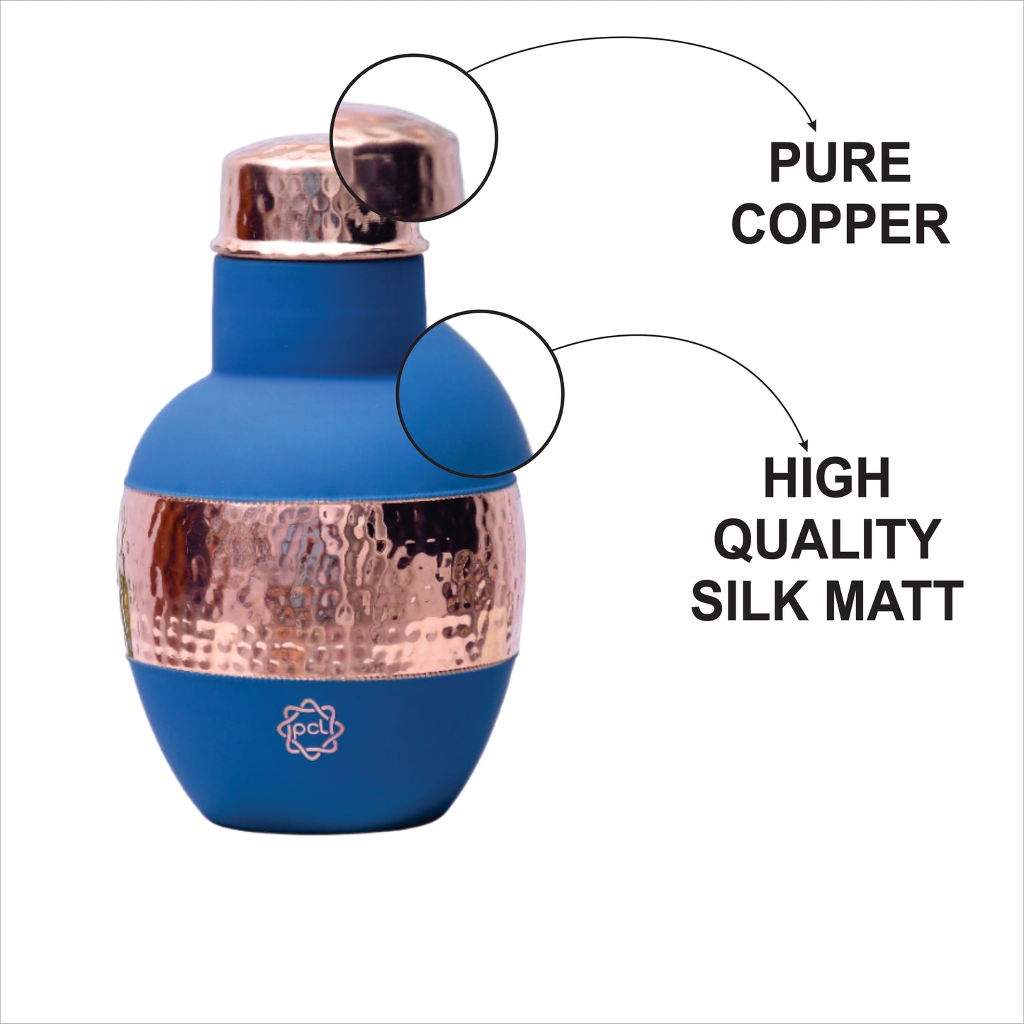 Pure Copper Silk Blue Apple Pot with Inbuilt Glass Capacity 1200ML