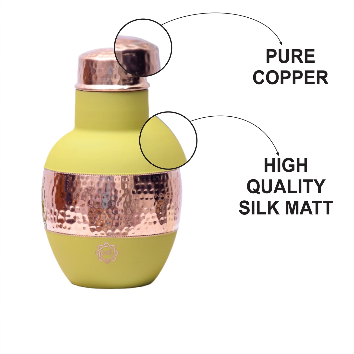 Pure Copper Silk Yellow Apple Pot with Inbuilt Glass Capacity 1200 ML