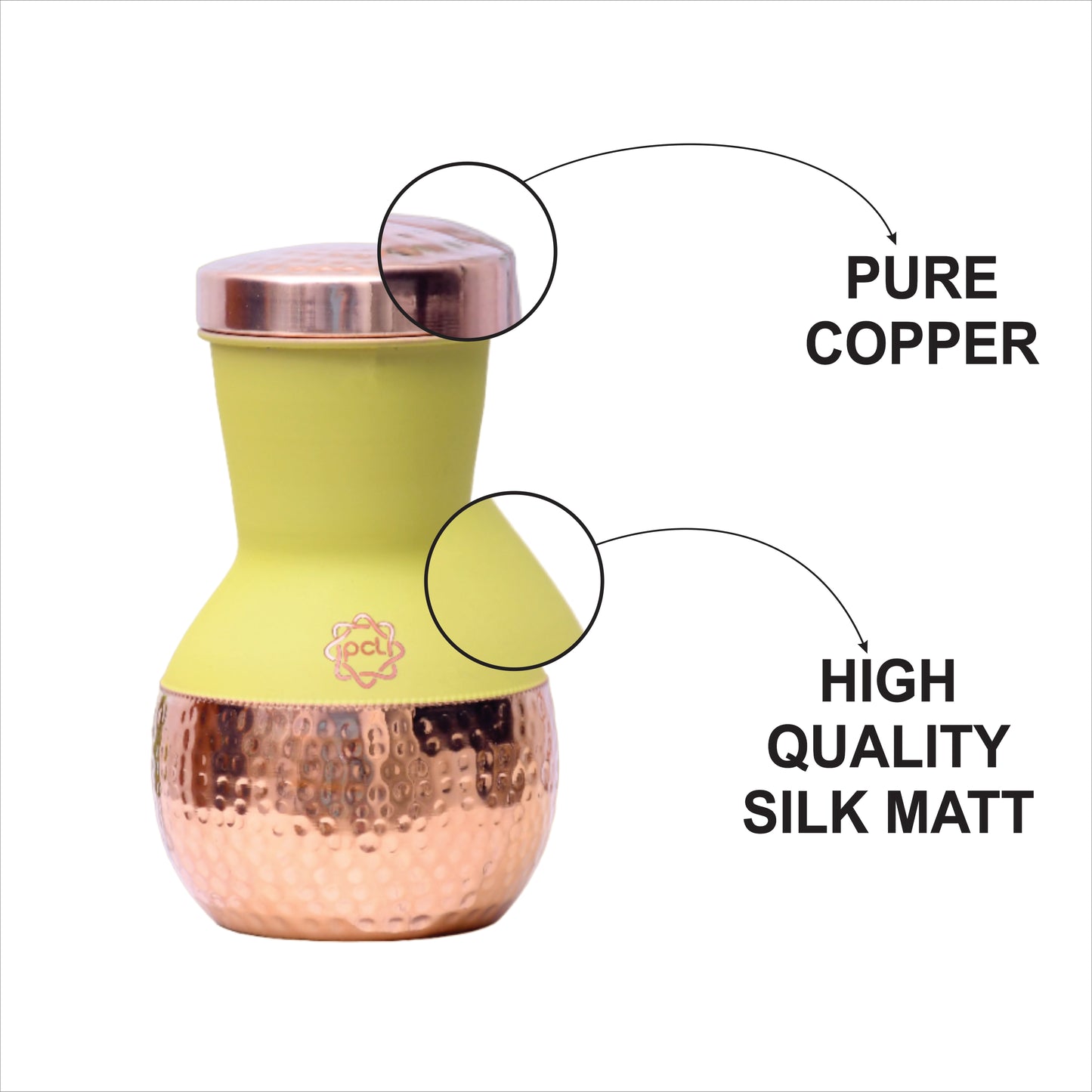 Pure Copper Silk Yellow Matka Pot with Inbuilt Glass Capacity 1200ML