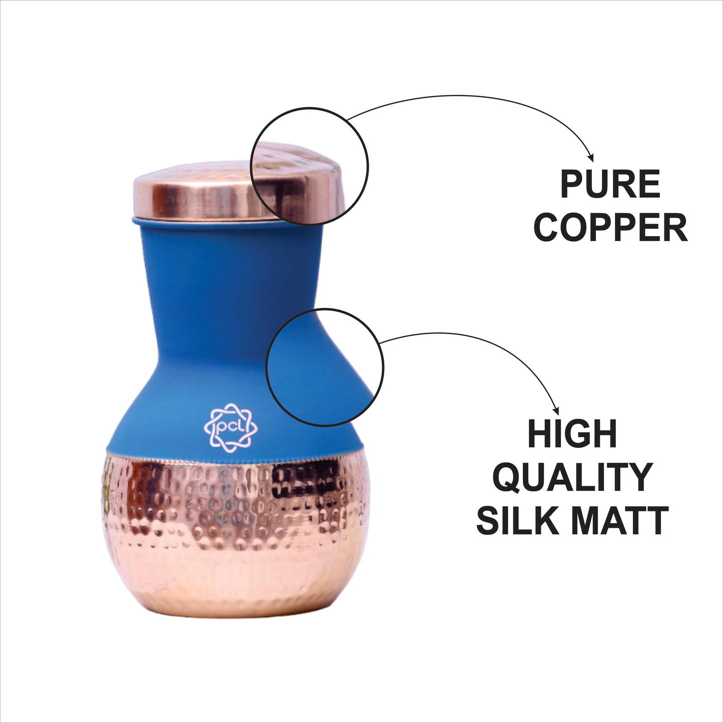 Pure Copper Silk Blue Matka Pot with Inbuilt Glass Capacity 1200ML