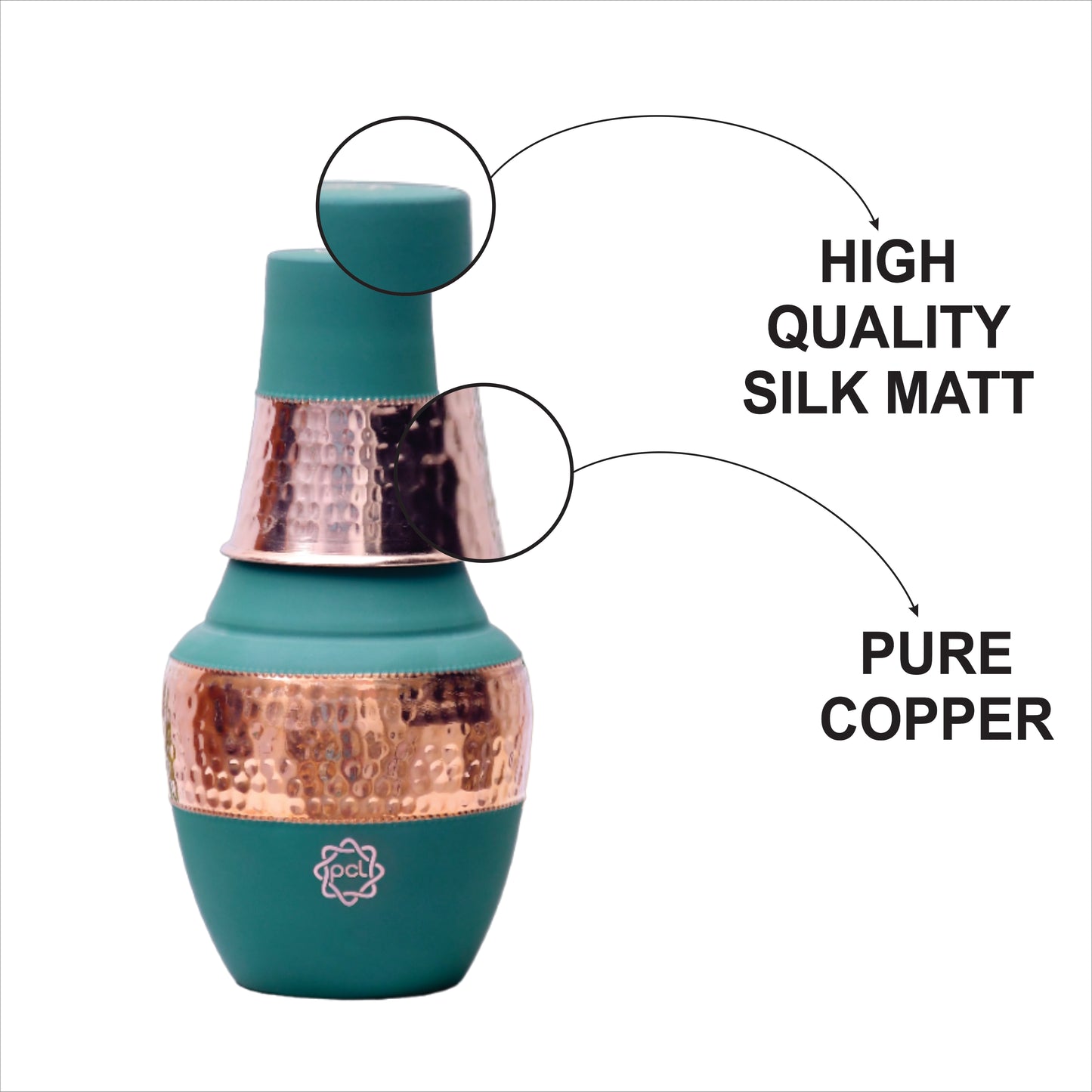 Pure Copper Silk Green Venus Pot with Inbuilt Glass Capacity 1400 ML