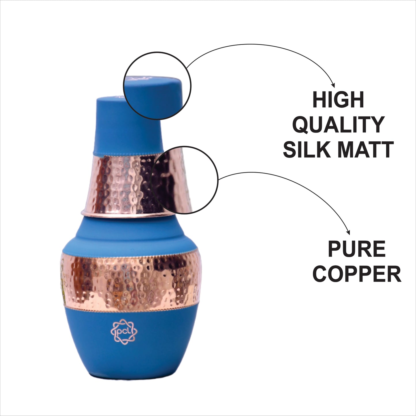 Pure Copper Silk Blue Venus Pot with Inbuilt Glass Capacity 1400ML.