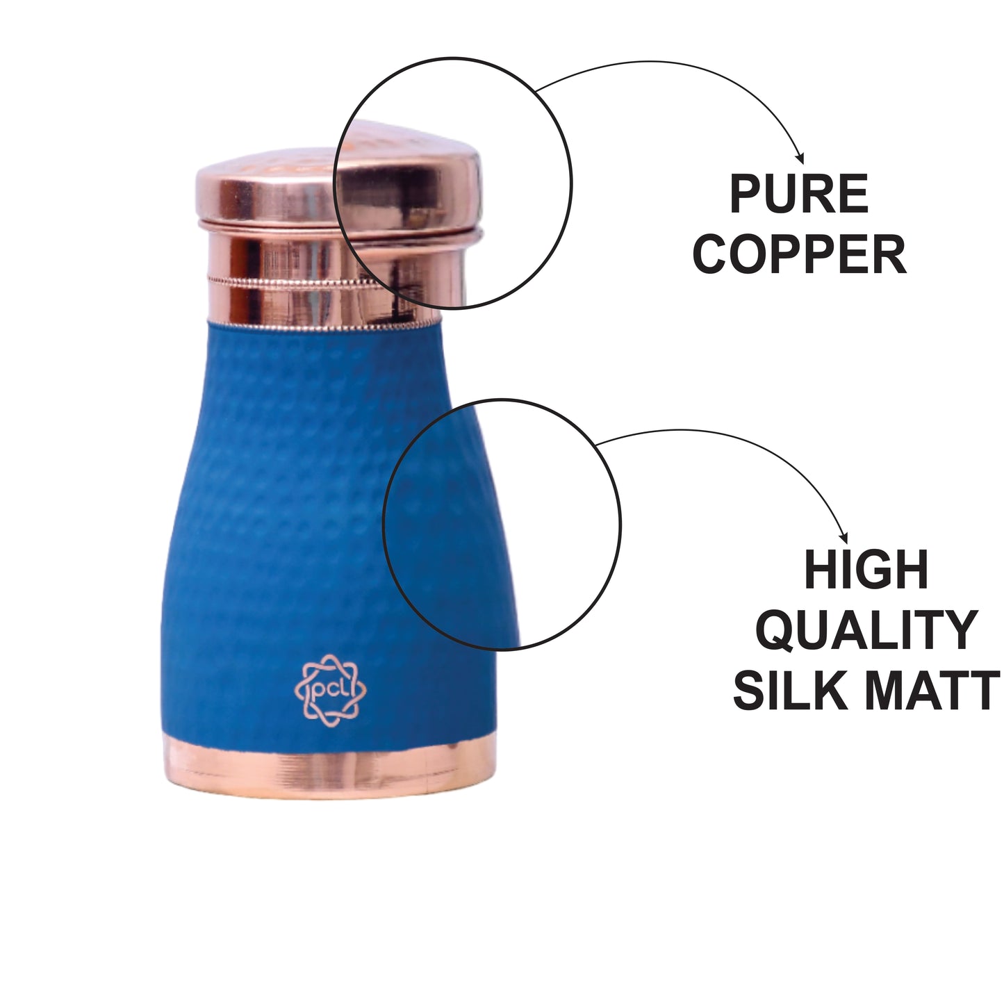 Pure Copper Silk Blue Bedside Jar with Inbuilt Glass Capacity 1000ML.