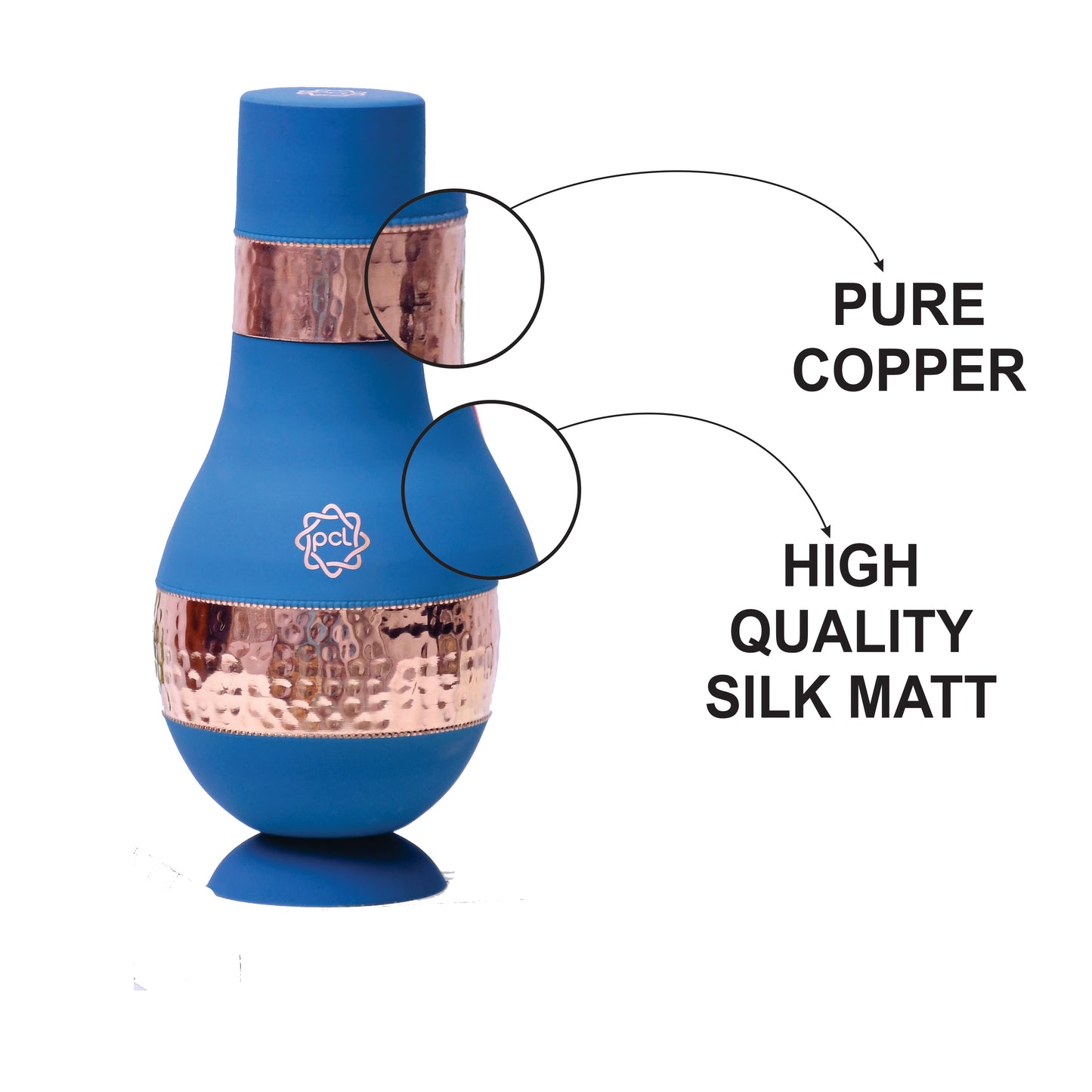 Pure Copper Silk Blue Modern Surahi with Inbuilt Glass Capacity 1000ML.