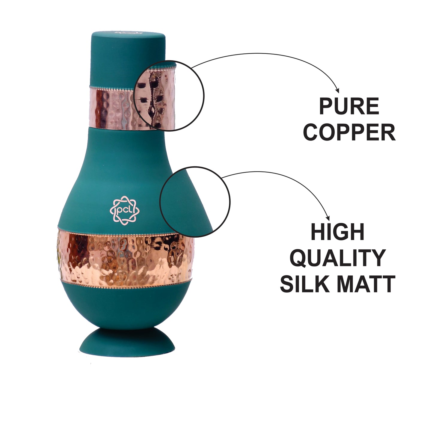 Pure Copper Silk Green Modern Surahi with Inbuilt Glass Capacity 1000 ML