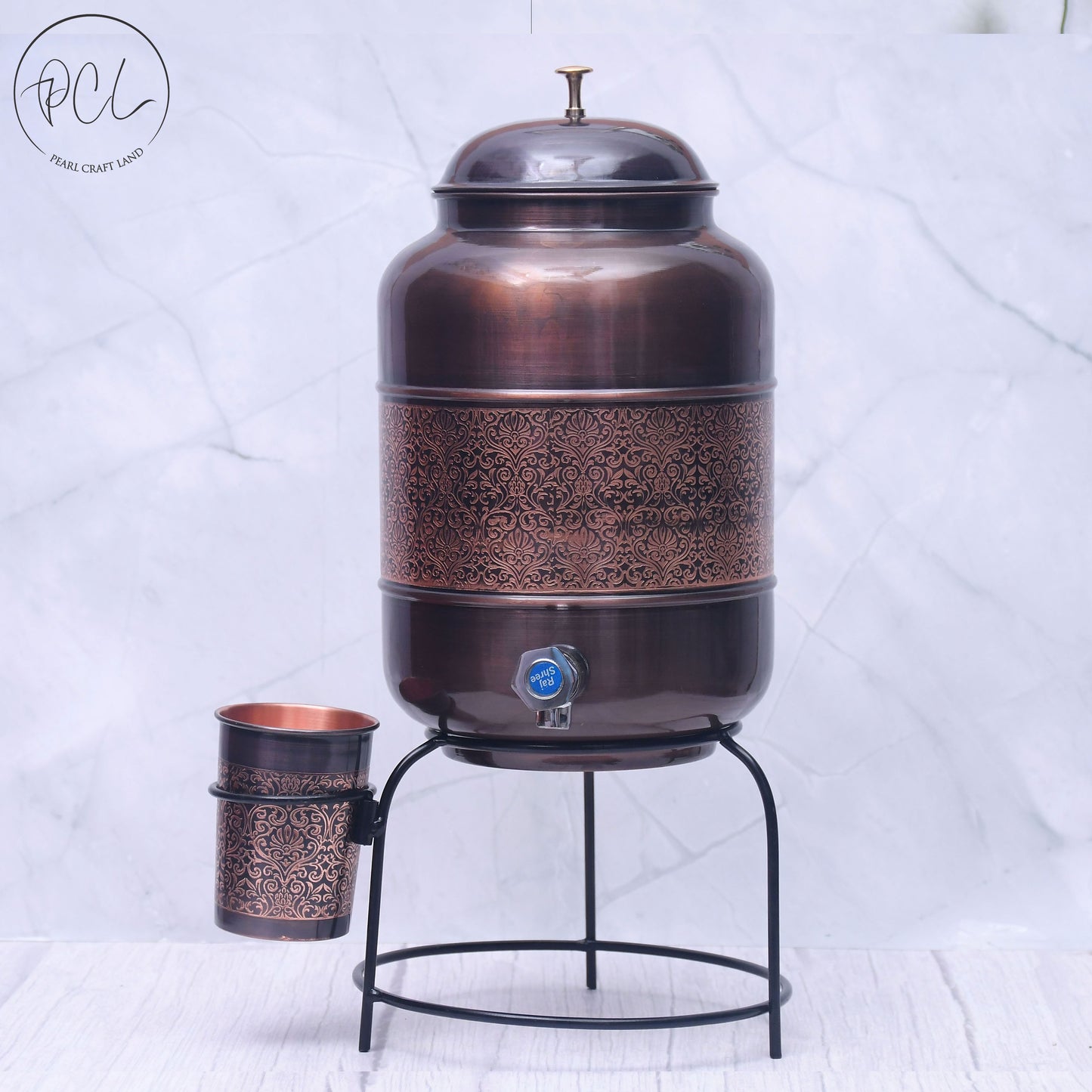 Pure Copper Water Dispenser with Glass and Stand Antique Engraved Designed Combo Capacity 5000 ML.