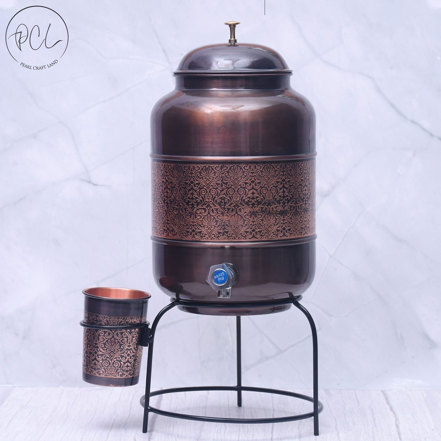 Pure Copper Water Dispenser with Glass and Stand Antique Engraved Designed Combo Capacity 8000 ML.