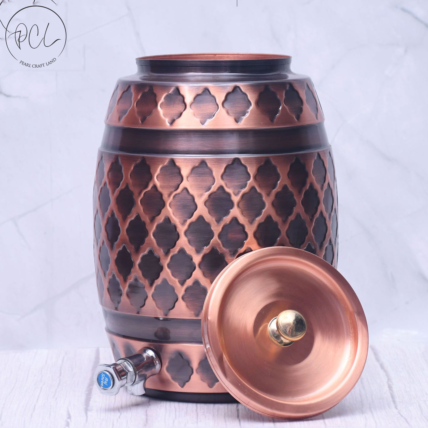 Pure Copper Water Dispenser Barrel Matka Antique Kangura Designed Capacity 8000 ML.