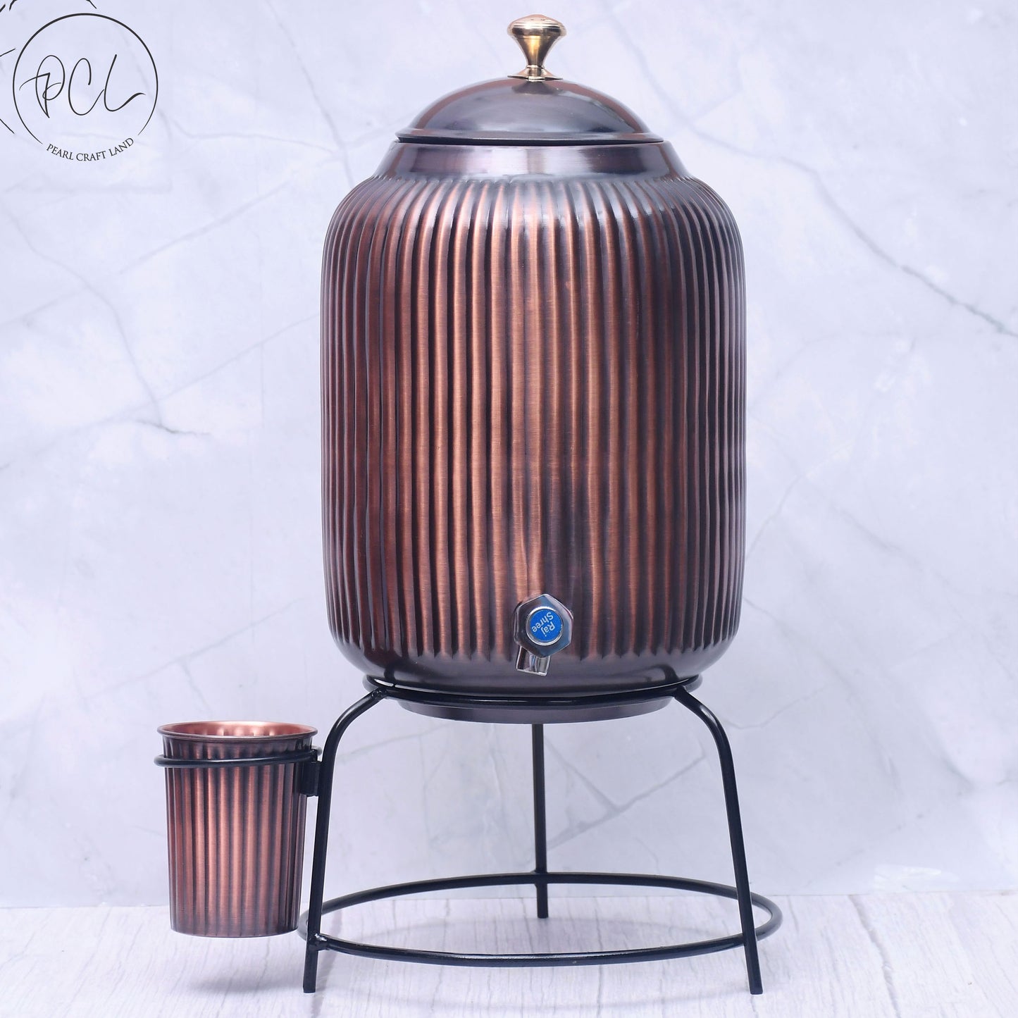 Pure Copper Water Dispenser with Glass and Stand Antique Rope Designed Combo Capacity 8000 ML.